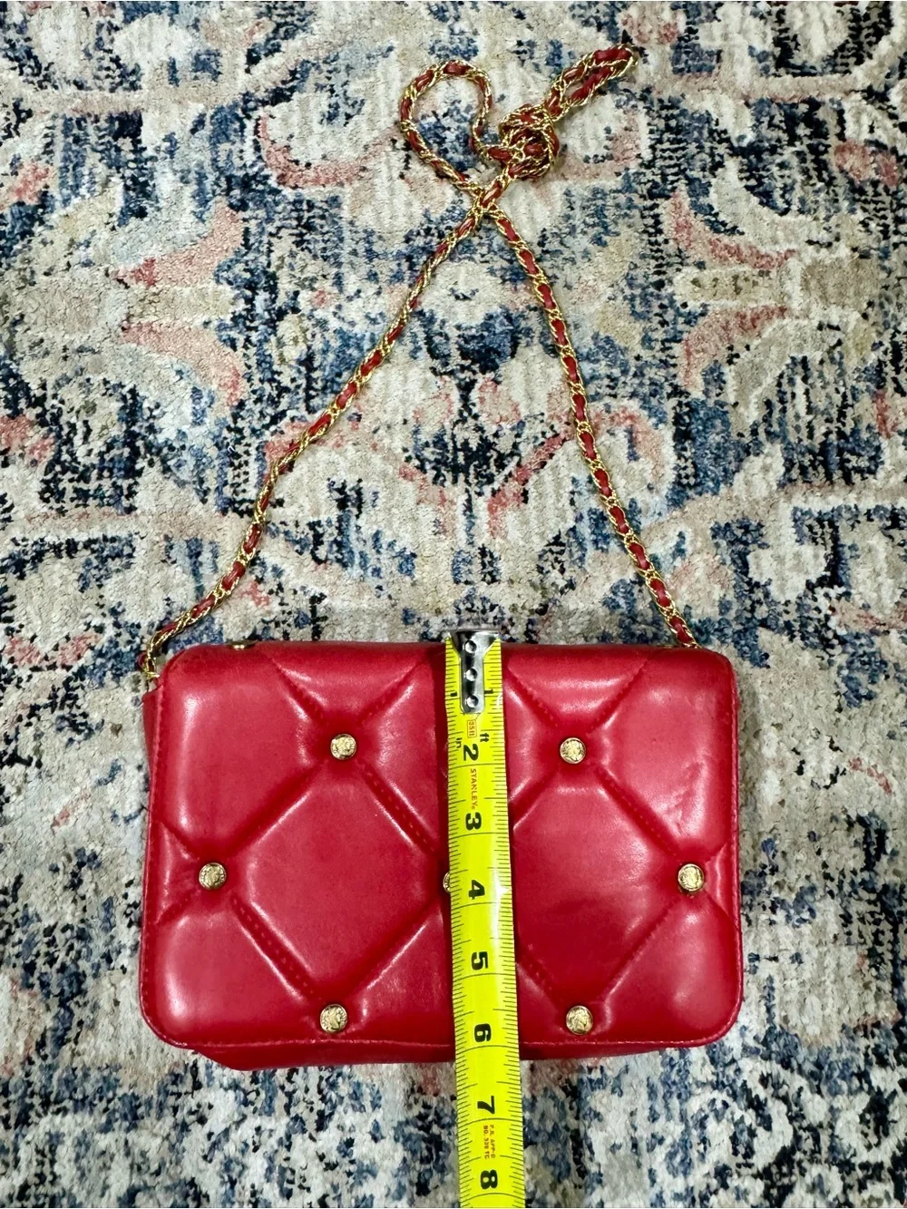 Vintage L.J. Simone Red Quilted Shoulder Bag with Greco-Roman Coin accents